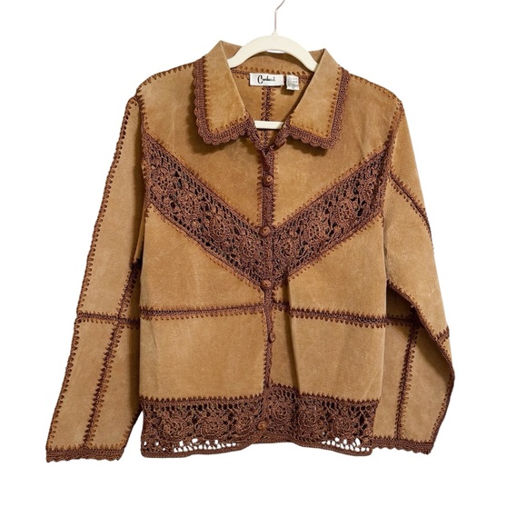 Vintage Jackets & Blazers - Vintage Y2K Carducci 100% Suede Crocheted Jacket Tan Brown Boho Western  Medium